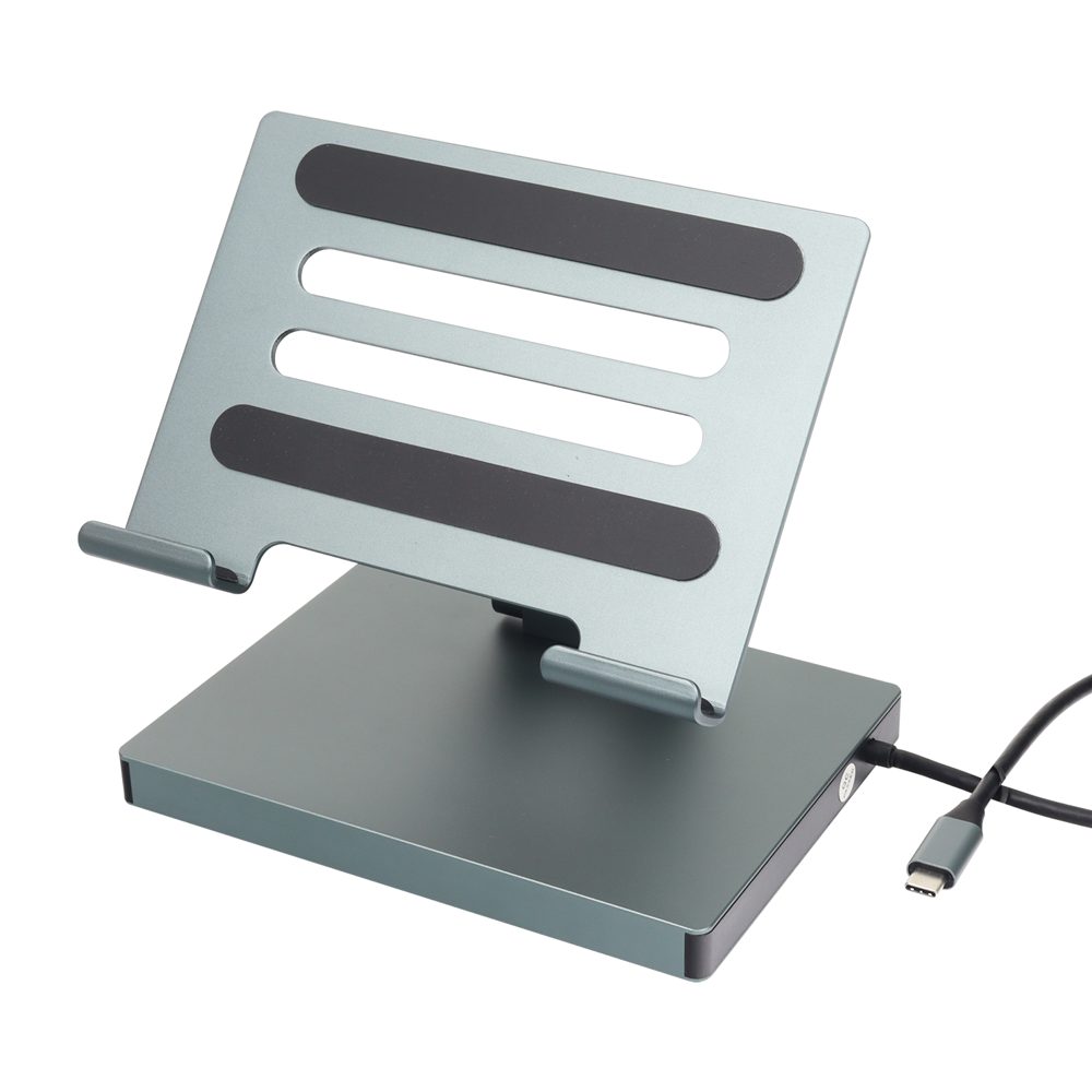 STAND DOCKING STATION 9 EN 1 TIPO C Optimiza tu espacio de trabajo con un stand y docking station versátil, que ofrece múltiples puertos y compatibilidad para tabletas y portátiles. • Puertos: 3 x USB 3.0 (hasta 5 Gbps) / 1 x HDMI 2.0 (4K/60 Hz, compatible 2K/144 Hz) / 1 x LAN Gigabit Ethernet (1000 Mbps) / 1 x Tipo C PD 3.0 (máx. 100 W) / 1 x SD/TF 2.0 (no admite lectura simultánea) / 1 x Aux 3.5 mm • Material: aleación de aluminio + goma • Plegable para fácil transporte • Conector de salida: USB Tipo C • Compatible con Windows / Android /...