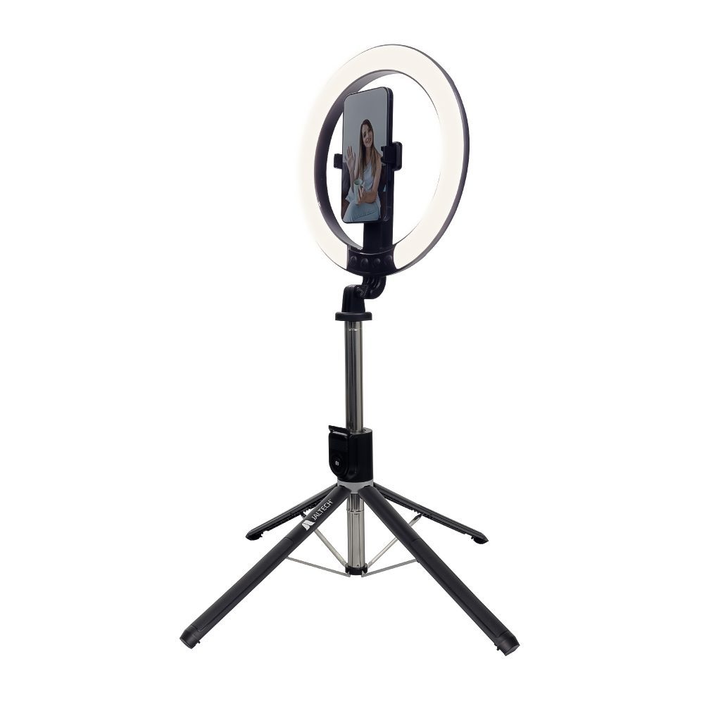 ARO DE LUZ 26CM + TRIPODE Crea contenido con iluminación profesional y máxima versatilidad en un solo equipo. Ideal para fotos, videos, streaming y videollamadas con estabilidad, altura y control remoto. • Función 3 en 1: trípode, aro de luz y selfie stick • Aro de luz LED de 26 cm para iluminación uniforme • Altura ajustable hasta 2.3 m • Rotación 360° para capturas en cualquier ángulo • Soporte ajustable para celulares de 4.7” a 7”, uso vertical y horizontal • 3 modos de iluminación: luz fría / cálida / mixta • Control remoto Bluetooth recargable para fotos y videos • Conectividad Bluetooth 5.2 con...