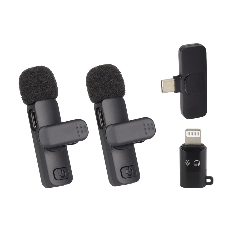 MICRÓFONOS SET X2 K9 PARACELULAR · Set x 2 micrófonos · Plug y play · Bluetooth 5.2 · Rango 25 mtrs · Función enlace automático · Batería recargable 70 mAh · Microfono tipo lavalier · Conectortipo c y adaptadorlightning · Recargable · Compatible con streaming Youtube · Portable