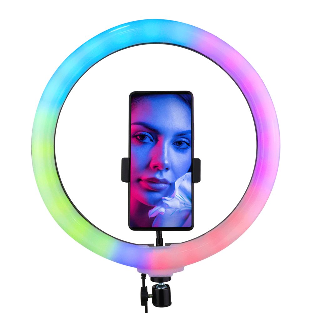 ARO DE LUZ 33 CMS RGB + TRIPODE 2.1MTRS · Alimentación USB · 30W · Tamaño aro 33 cms · Soporte 360 para celular · Luces RGB · Incluye trípode 2.1mts, control remoto y accesorios