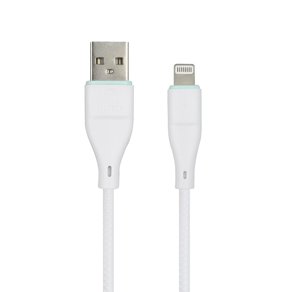 CABLE USB LIGHTNING 1M JAL-T06 · Cable USB A a Lightning · Blanco · Material: carcasa de ABS/cable de PVC · Longitud: 1m · Carga rápida · Capacidad: 2.4A · USB 2.0 · Diámetro del cable: OD 3.5mm · Núcleo de cobre puro · Reforzado en el núcleo para otorgar mayor flexibilidad y resistencia