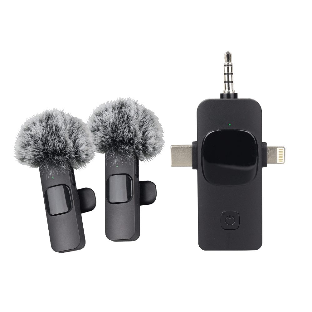 SMARTPHONE MIC 3 EN 1 K15 · Micrófono para Smartphone 3 en 1 · Con interfaz tipo C, Lightning y 3.5mm · Compatible con iPhone, teléfonos Android, cámaras, computadoras portátiles, computadoras de escritorio, tabletas y altavoces · Duración de batería: 6 horas de trabajo continuo · Con reducción de ruido externo · Micrófono omnidireccional · Incluye 2 cortavientos · Batería interna recargable · Distancia 10 a 20 Metros · Tamaño: 3,2 x 14,5 x 8,3 cm