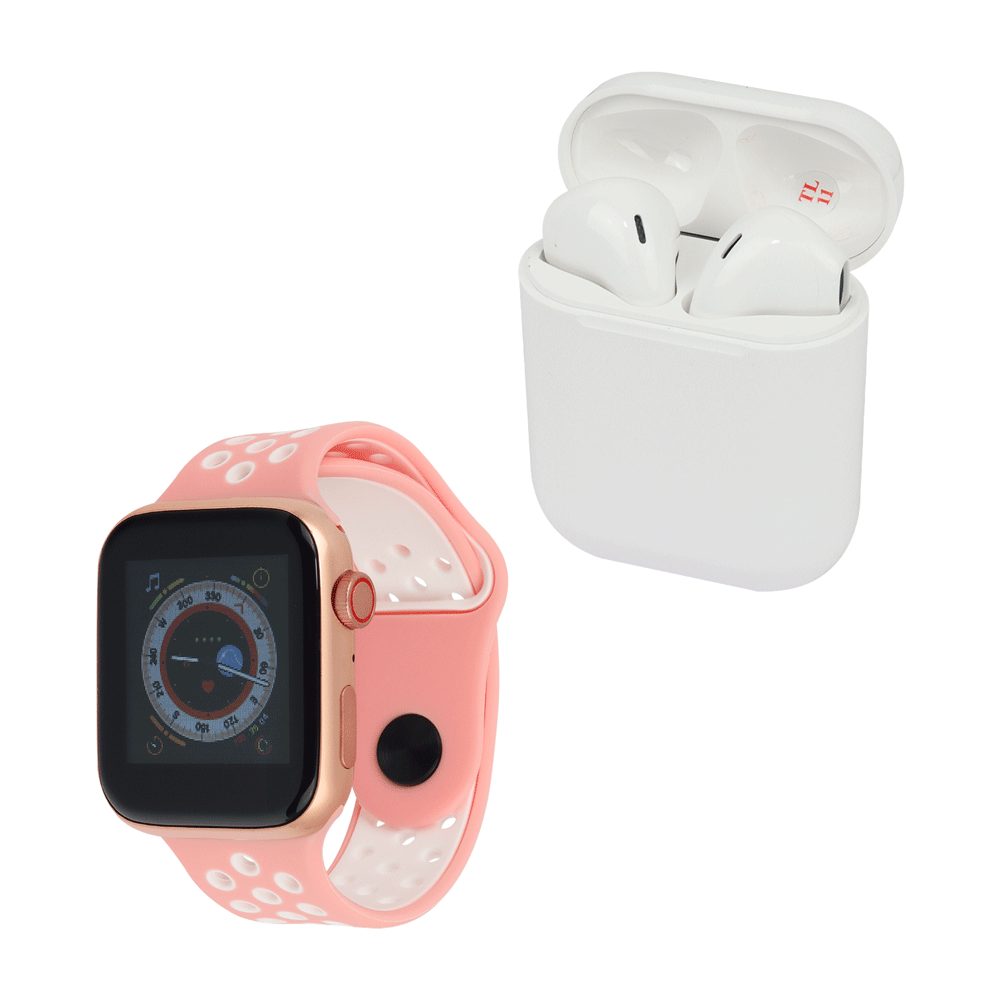 SMARTWATCH PINK SET - I7PROMAXL Set Smartwatch + Audífonos TWS -Pantalla de 1,75” -Batería de 200mAh -Cable de carga magnética -Pulsera de silicona -Pantalla TFT -Monitoreo de frecuencia cardíaca -Medición de presión arterial -Recepción de mensajes y notificaciones -Detección de oxígeno en sangre -8 modos deportivos -Bluetooth 5.0 -Compatible con iOS y Android