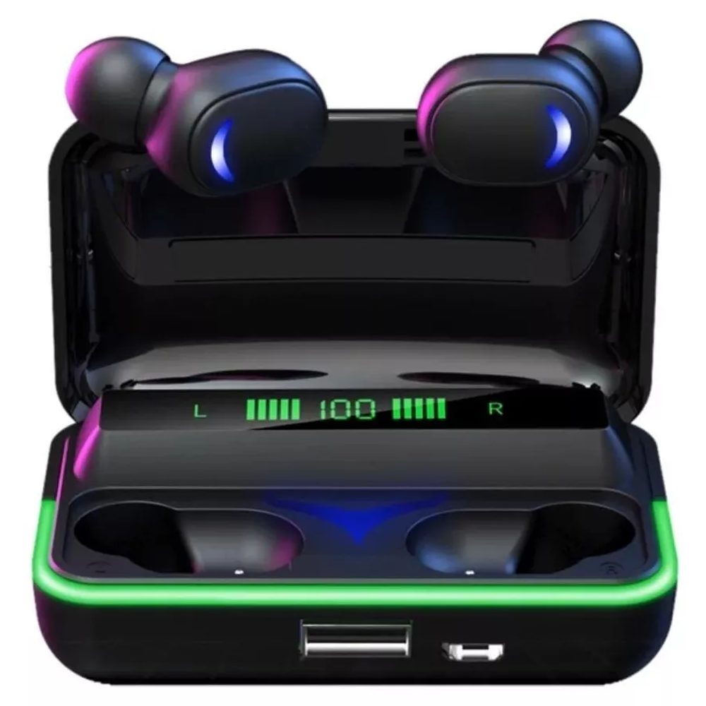 AUDIFONOS BT TWS LED - E10 · Audífonos TWS · Pantalla indicadora de carga · Sonido HIFI envolvente Gamer · Luz LED, efecto respiración · Bluetooth versión V5.1 · Distancia de transferencia BT: 10M · Batería: 30MA · Tiempo de conversación o juego: 3H · Tiempo de carga de la base: 2h · Batería de la base: 600mAh · USB brinda carga al celular · Auricular con membrana de silicona · Reducción de ruido