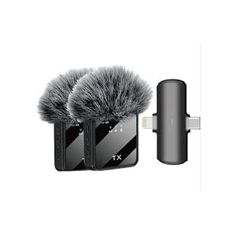 MICROFONO TX PELUDO 2 EN 1 SET X2 - F15 · Micrófono para Smartphone 2 en 1 Set X2 · Incluye 2 micrófonos · Con interfaz Tipo C y Lightning · Compatible con iPhone, teléfonos Android, cámaras, computadoras portátiles, computadoras de escritorio, tabletas y altavoces · Reducción de Ruido DSP · Potencia Nominal: 10W · Relación Señal-Ruido: =75dB · Capacidad de batería: 300mAh · Micrófono omnidireccional · Incluye 1 Cortavientos Grande · Batería Interna Recargable · Distancia 10 a 20 Metros · Plug and play