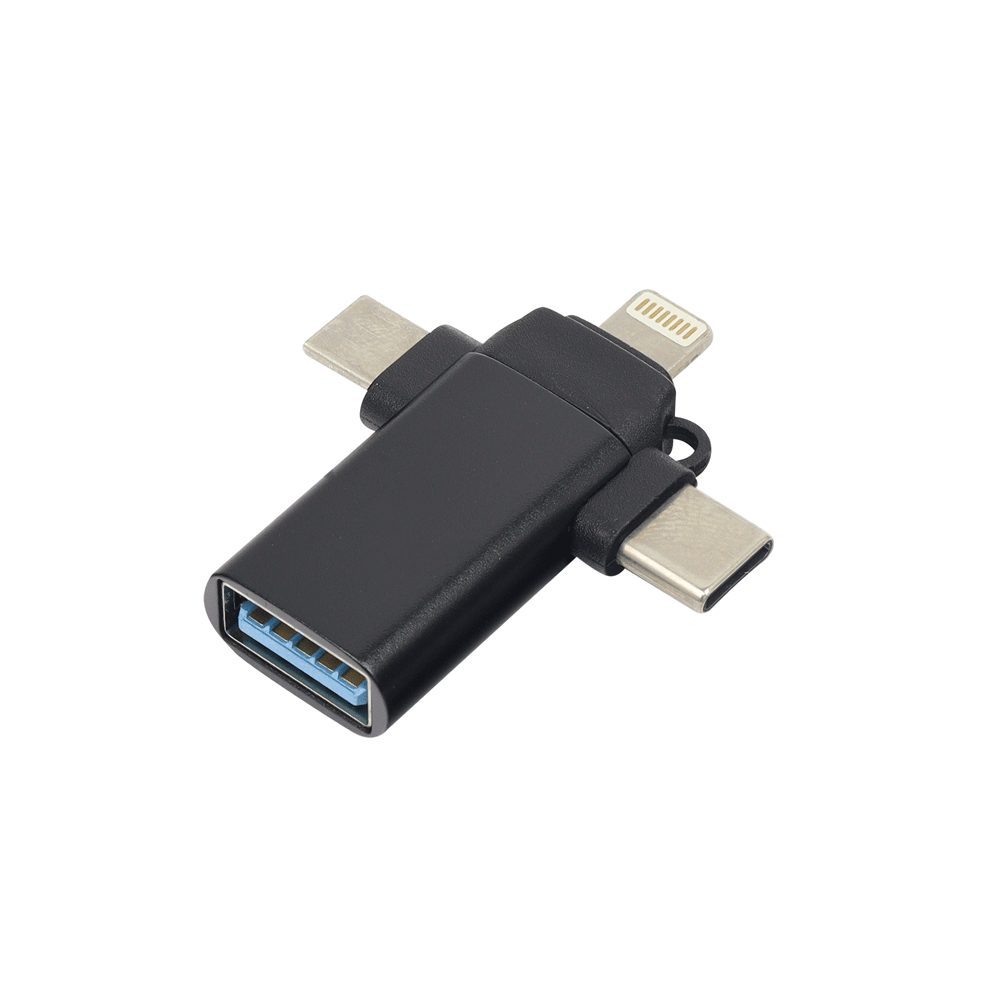 OTG 3 EN 1 OTG 3 en 1 -Conector de entrada: USB Tipo A -Conectores de salida: Lightning, USB Tipo C, Micro USB -Velocidad USB 3.0 -Transfiere carga y datos -Material: Metal -Dimensiones: 40 x 20 x 10mm -Plug and play -Compatible con teléfonos inteligentes, computadoras portátiles, cámaras, tabletas, etc.