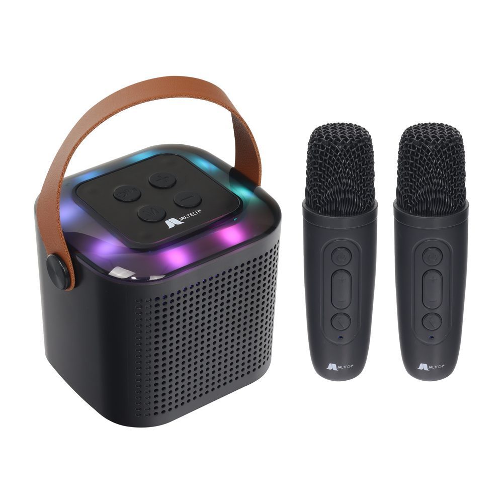 MINI KARAOKE RGB 2 MICS NEGRO Disfruta de tus momentos favoritos con un sonido potente y efectos luminosos que animan cualquier reunión. Su diseño compacto y conexión inalámbrica lo hacen ideal para cantar donde quieras. • Interfaz: Bluetooth / USB / AUX 3.5 mm / Tarjeta TF • Conexión inalámbrica estable • Alimentación: 5 V / 1 A • Interfaz de carga: USB Tipo C • Voltaje de trabajo: 3.7 V • Potencia: 6 W • Diámetro del altavoz: 57 mm • Respuesta de frecuencia: 20–20 kHz • Duración de batería del altavoz: 3–4 horas • Iluminación RGB con efectos dinámicos • Incluye micrófono incorporado y...