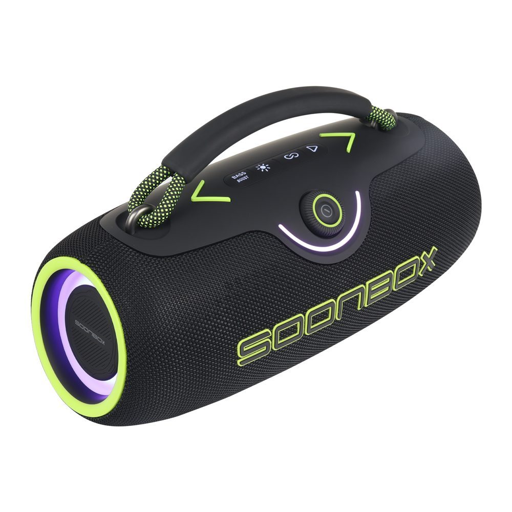 SPEAKER BT SOONBOX 80 W - S9702 Audio potente y claro ideal para música, películas y contenido diario. • Bluetooth 5.3 • Super bass • Potencia de altavoz: 80 W • Capacidad de batería: 8000mah • Resistencia ipx6 • Interfaz: USB/AUX 3.5 mm/tarjeta TF/bluetooth • Radio FM • Dimensiones: 320 x 140 x 142 mm • Tiempo de reproducción: 6-8h • Distancia inalámbrica: 10 m • Diámetro de bocina: 78 mm • Respuesta de frecuencia: 20 Hz-20khz • Iluminación RGB • Materiales: ABS + tela Un equipo práctico, confiable y perfecto para el uso diario.