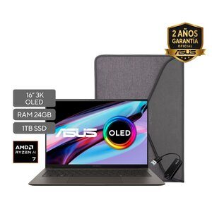 ASUS Consumo Zenbook S 16 UM5606KA-RJ032W |Procesador: AMD Ryzen™ AI 7 350 Processor 2.0GHz (24MB Cache, up to 5.0GHz, 8 cores, 16 Threads); AMD XDNA™ NPU| Pantalla: 16" 3K Touch screen OLED (2880 x 1800) 16:10 Glossy display|Memoria: 24GB LPDDR5X on board Max: 24GB|Almacenamiento : 1TB M.2 NVMe™ PCIe® 4.0 SSD|  Cámara WEB Frontal: FHD camera with IR function to support Windows Hello | Conectividad: Wi-Fi 7(802.11be) (Tri-band)2*2 + Bluetooth® 5.4 Wireless Card |Teclado tipo: Backlit Chiclet With Copilot key |Sistema Operativo: Windows 11 Home |1,50 Kg | Color: Zumaia Gray | Accesorios: Funda, adaptador USB-A a RJ45 Gigabit Ethernet |Material LCD Cover: Aluminum | Ranuras Expansión (incluye el utilizado): 1x M.2 2280 PCIe 4.0x4 |US MIL-STD 810H military-grade | Etiquetas ecológicas y cumplimiento normativo: Energy Star 8.0RoHS,REACH | Garantía: 1 año a través de los Centros de Servicio autorizados por la marca.