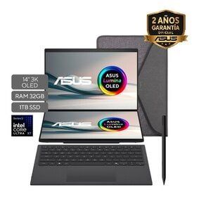 Portátil ASUS Consumo ASUS Zenbook Duo UX8407AA-SN434W | Intel® Core™ Ultra X7 Processor 358H 1.9 GHz (18MB Cache, up to 4.8 GHz, 16 cores, 16 Threads); Intel® NPU up to 50TOPS| 14" Touch Screen 3K (2880 x 1800) OLED | 32GB LPDDR5X on board |1TB M.2 NVMe™ PCIe® 4.0 SSD |Wi-Fi 7(802.11be) (Triple band) 2*2 + Bluetooth® 5.4 Wireless Card |Teclado tipo Soft Keyboard |Windows 11 Home |1.65 Kg |Moher Gray |Accesorios Stylus with wireless charger (ASUS Pen SA205H-MPP2.6 support),Sleeve |Ceraluminum™ (ceramized aluminum ‑ magnesium alloy) |Ranuras Expansión (incluye el utilizado) 1x M.2 2280 PCIe 4.0x4 |US MIL-STD 810H military-grade |Energy star,RoHS| Garantía 1 año a través del Centro de Servicio autorizado por la marca.