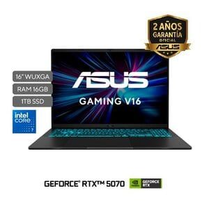 Portátil ASUS Consumo V16 V3607VP-TK079 | Intel® Core™ 7 Processor 240H 2.5 GHz | 16"WUXGA (1920 x 1200 )16:10 Anti-glare(AG) display 300nits |16 GB DDR5-5600 SO-DIMM | 1TB M.2 NVMe™ PCIe® 4.0 SSD |NVIDIA® GeForce RTX™ 5070 Laptop GPU 8GB GDDR7 |Cámara WEB Frontal 1080p FHD | Wi-Fi 6(802.11ax) (Dual band) 2*2 + Bluetooth® 5.3 Wireless Card| Teclado tipo Chiclet Backlit Keyboard with Num-key |No preinstalled OS |1,95 Kg |Black |Ranuras Expansión (incluye el utilizado): 2x DDR5 SO-DIMM slots,1x M.2 2280 PCIe 4.0x4 |Trusted Platform Module (Firmware TPM) | US MIL-STD 810H military-grade standard| EPEAT Silver,Energy star 8.0,RoHS,REACH |Garantía 1 año a través del Centro de Servicio autorizado por la marca.