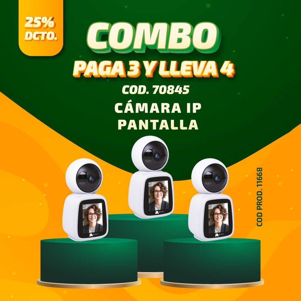 COMBO JUL. 2026 PAGUE 3 LLEVE 4 COD. 11668 CÁMARA IP PANTALLA Mejora la seguridad y la comunicación en el hogar con una cámara inteligente que integra pantalla y videollamadas, ofreciendo control visual directo y monitoreo en tiempo real desde cualquier lugar. • Resolución: Full HD 1080p • Lente: 3.6 mm / apertura F2.2 • Cobertura de movimiento: 355° horizontal / 85° vertical • Ángulo de visión: 90° • Pantalla IPS integrada de 2.8 in • Videollamadas directas desde la cámara • Conectividad: WiFi / Bluetooth • Compatibilidad: Tuya Smart / Alexa / Google Home • Modos de imagen: color e infrarrojo con 6 luces IR • Audio bidireccional...