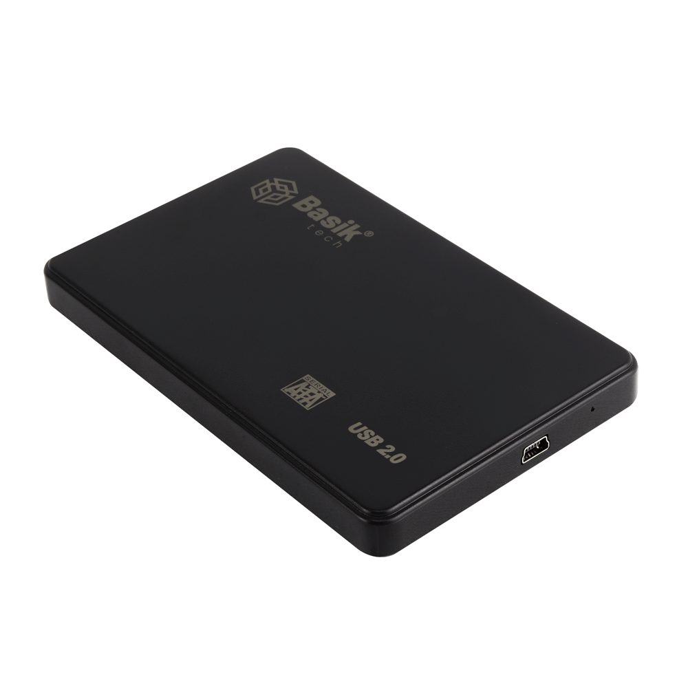 CAJA EXTERNA 2.0 BASIK TECH · Caja SATA para disco duro de 2.5 Plg USB 2.0 · Permite pasar un disco duro interno a externo · Conexión Mini-B a USB 2.0 · Velocidad USB 2.0 · Tasa de transferencia: 480mbps · Soporta disco duro de 2.5 Plg de hasta 2TB · LED indicador · USB a serial ata (sata) · Plug and play fácil de instalar · Diseño súper delgado y de fácil portabilidad · Fácil instalación sin tornillos · Material disipador de calor · Dimensión: 125x77x13mm · Compatible con Windows 98/SE/ME/2000/XP/ Win7/Win8/Win10/Win11, Mac OS 9.0 o posterior