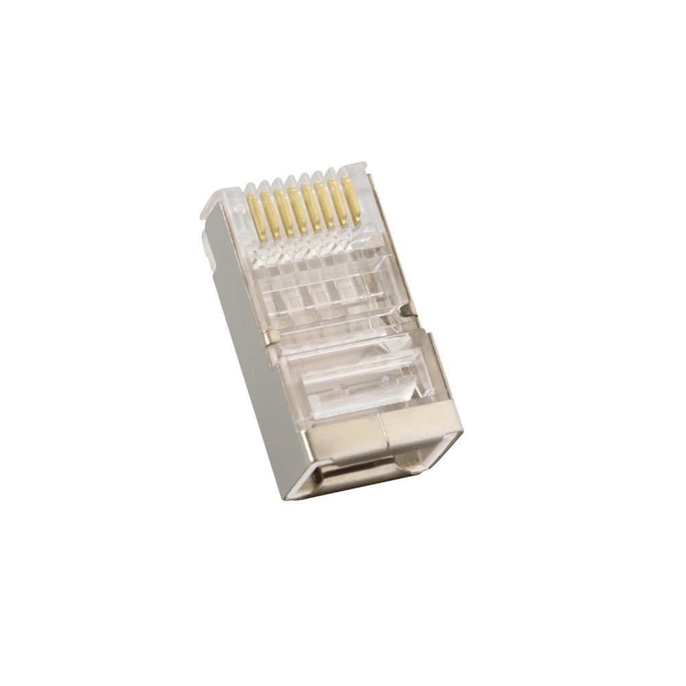 CONECTOR RJ 45 METALICO CAT 6 E • Conector RJ45 metálico Cat. 6E • Terminal de 2 puntas para cable multifilar • Conector macho (plug) blindado • Paquete por 100 unidades • Alta calidad recubrimiento metálico 0.2 mm • Material: PC, policarbonato • Clasificación de protección contra incendios: 94v2 • Aplicación en cable UTP • Se ajusta a cable redondo • Para aplicaciones de par trenzado • Diseño estándar 8p8c, de 8 contactos (RJ45) • Ideal para armar cables ethernet • Diámetro cu-conductor: AWG (26/23). • Temperatura de funcionamiento: -40º c hasta +70 ° c. • Capacidad de carga actual: la a 50 ° c.