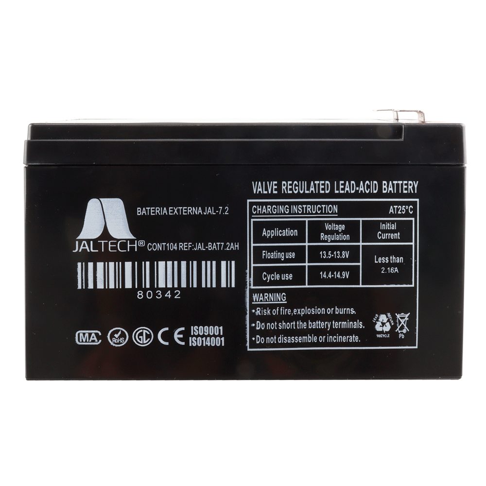 BATERIA EXTERNA JAL-7.2 Energía confiable y estable para tus equipos, ideal para respaldo en UPS, sistemas de seguridad y múltiples aplicaciones. Diseñada para ofrecer buen rendimiento y larga vida útil. • Tipo: batería sellada de ácido de plomo • Voltaje nominal: 12 V • Capacidad: 7.2 Ah • Tiempo de carga: 6 h (hasta 90%) • Dimensiones: 151 x 65 x 94 mm • Peso: aproximadamente 2 kg • Rango de temperatura de descarga: -15 a 50 °C • Rango de temperatura de carga: 0 a 40 °C • Temperatura de almacenamiento: 15 a 40 °C • Baja auto-descarga: hasta 6 meses a...