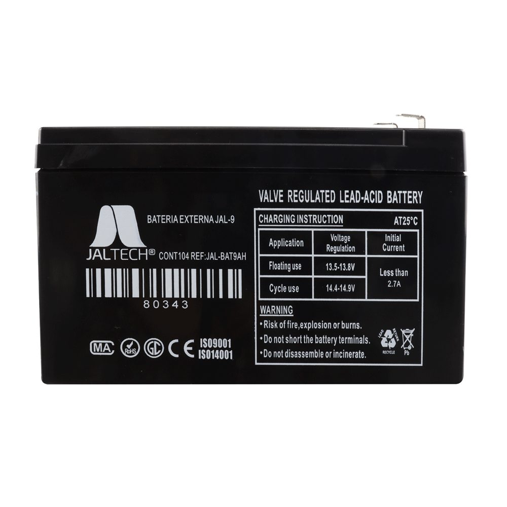 BATERIA EXTERNA JAL-9 Energía confiable y mayor capacidad para respaldo continuo, ideal para UPS, sistemas de seguridad y equipos eléctricos. Diseñada para ofrecer estabilidad y buen desempeño en diferentes aplicaciones. • Tipo: batería sellada de ácido de plomo • Voltaje nominal: 12 V • Capacidad: 9 Ah • Tiempo de carga: 6.5 h (hasta 90%) • Dimensiones: 151 x 65 x 94 mm • Peso: aproximadamente 2.5 kg • Rango de temperatura de descarga: -15 a 50 °C • Rango de temperatura de carga: 0 a 40 °C • Temperatura de almacenamiento: 15 a 40 °C • Baja auto-descarga: hasta 6 meses a...