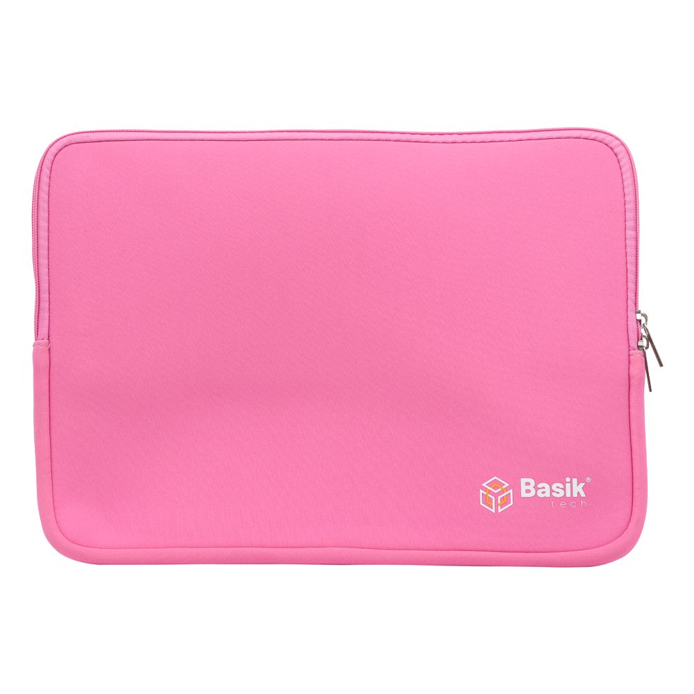 FUNDA CIERRE BASIK TECH 14plg ROSA · Funda protectora para portátil · Para portátiles hasta 14" · Con cierre metálico · Medidas: 36,5 cm x 26,5 cm · En neopreno con costuras reforzadas