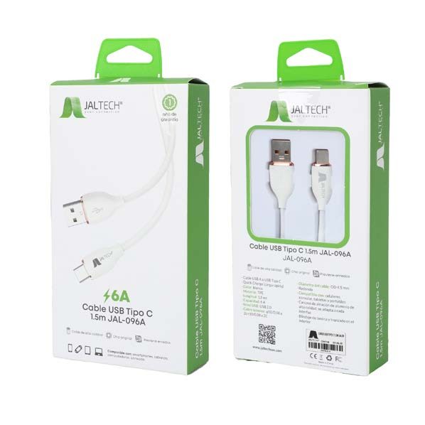 CABLE METALIZADO USB CABLE USB TIPO C 1M A TIPO C JAL-C79 | Quick Charge (carga rápida) | Blanco | Cable USB tipo A a USB tipo C · Material: TPE | Acordonado · Longitud: 1,5M | Material: tejido + aleación de · Capacidad: 6A | Longitud: 1m · USB 2.0