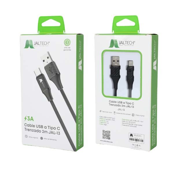 CABLE USB A TIPO C TRENZADO 2M JAL-13 | Cable USB A a USB Tipo C | Material: trenzado + PVC | Longitud: 2m | Quick Charge (QC carga rápida) | Capacidad: 3A | Conectores reforzados