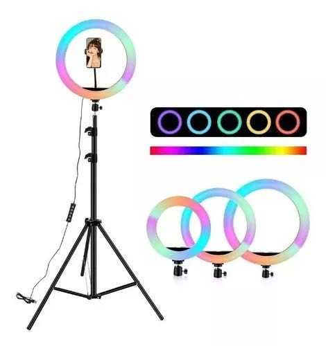 ARO DE LUZ 26 CMS RGB ARO DE LUZ 33 CMS RGB + TRÍPODE 2.1MTRS + TRÍPODE 2.1MTRS | Alimentación USB · Alimentación USB | 30W · 30W | Tamaño aro 26 cms · Tamaño aro 33 cms | Soporte 360 para celular · Soporte 360 para celular | Luces RGB · Luces RGB | Incluye trípode 2.1mts, control · Incluye trípode 2.1mts, control