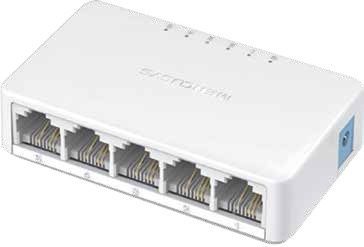 Switch Sobremesa 5-Puertos 10/100Mbps | Referencia: MS105 | •Interfaces: 5 puertos 10/100Mbps, auto-negociación, auto-MDI/MDIX •Tasas de transferencia de datos: 10/100Mbps con half duplex, 20/200Mbps con full duplex •Capacidad de conmutación: 1Gbps •Estándares y protocolos: IEEE 802.3, IEEE 802.3u, IEEE 802.3x, •CSMA/CD •Plug and Play, sin necesidad de configuración